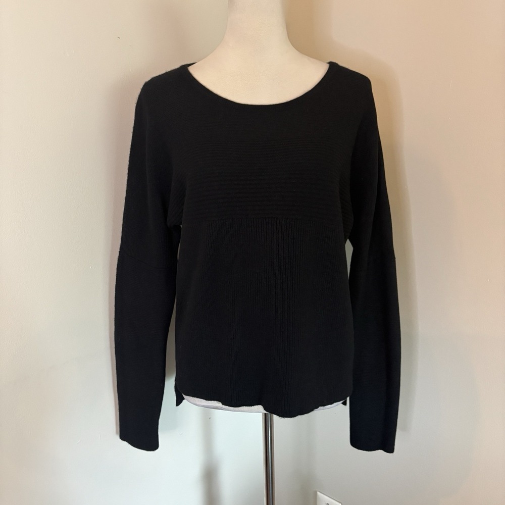 Helmut Lang Black Mixed Textured Panel Knit High-Low Wool Blend Sweater Medium